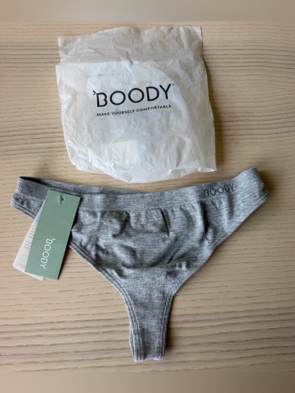 NWT Boody Organic Bamboo Ribbed G-String Thong - Lt Grey Marl / XS